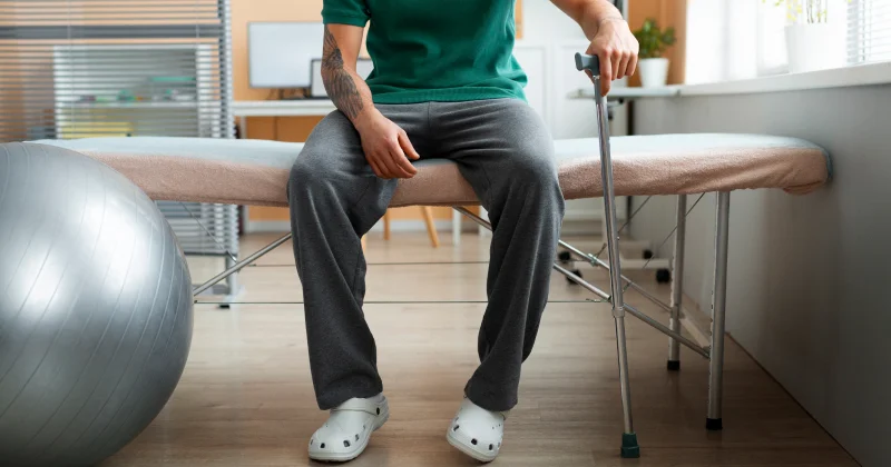 A man sitting on the ground with crutches.